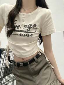 夏季韩版修身字母印花抽绳纽扣设计短袖T恤休闲款 - 杏色 - 查看 2