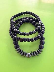 RINTOLER 3pcs/Set Men's Minimalist Black Matte Disc Spacer Geometric Bracelet Set, Versatile Daily Wear Accessory, Suitable As Boyfriend Gift - Black - View 3