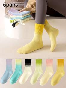6 Pairs Fashionable Gradient Color Women Handmade Seamless Moisture-Wicking Anti-Friction Mid-Calf Socks, Suitable For Running, Sports Exercise And All Seasons