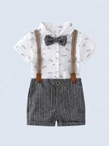BOARNSEORL 2pcs Baby Boys Gentleman Outfit: Short Sleeve Collared Shirt With Bow Tie And Gray Suspender Shorts, Fashionable & Cute, Suitable For Birthday Party, Banquet, 1st Birthday Ceremony - Grey - View 2