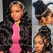 ZHUICHAO Natural Black Color 13X4 Lace Frontal Human Hair Blended Wigs For Women 32Inch Body Wave Brazilian Virgin Hair Wigs Preplucked Bady Hair With Bleached Knots Cosplay Daily Party Heat Resistant Fiber - 1B# - View 4