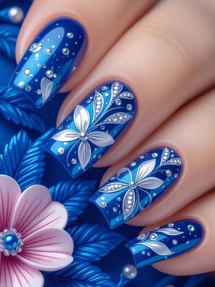 24 piezas de uñas postizas cuadradas de estilo europeo de tamaño mediano, elegantes en azul brillante con decoraciones de piedras de imitación plateado-blanco con diseño floral, juego de uñas postizas de cobertura completa y removibles, adecuadas para fiestas, bailes de graduación y uso diario - Azul - Ver 1