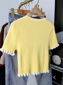 女士休闲优雅荷叶边针织开衫上衣，圆领，时尚短袖单扣设计，日常休闲穿着，春夏款 - 黃色 - 查看 11