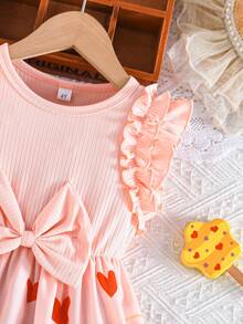 Sleeveless Ruffle Solid Ribbed Bow Floral Print Sweet Dress For Toddler Girls, Summer - Pink - View 4