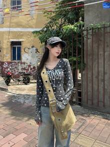 星形印花修身长袖上衣，收腰设计，适合早春穿着 - 深灰色 - 查看 7