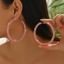 European And American New Style Full Diamond Ring Personality Exaggerated Copper Women Simple Fashion Super Shiny Inlaid Diamond Hoop Earrings Suitable For Women's Daily Wear - 粉色 - 查看 6
