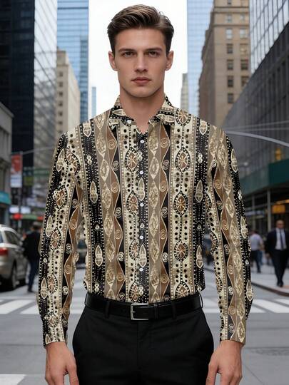 Men's Vintage Scottish Paisley Print Shirt, Regular Fit Collared Long Sleeve Top, Suitable For Weddings, Parties And Daily Wear - Non-Stretch Formal Wear, Elegant Casual Shirt, All Season