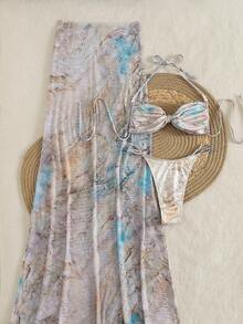 3件套女士性感印花比基尼，露背珍珠结交叉绑带泳衣搭配网纱裙，夏季海滩度假装 - 彩色 - 查看 4