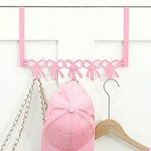 1pc Pink Heart/Bow Shape 5-Hook Over The Door Hanger Rack, Multi-Function Wardrobe Storage Organizer, Bedroom Bathroom Clothes Towel Bag Holder