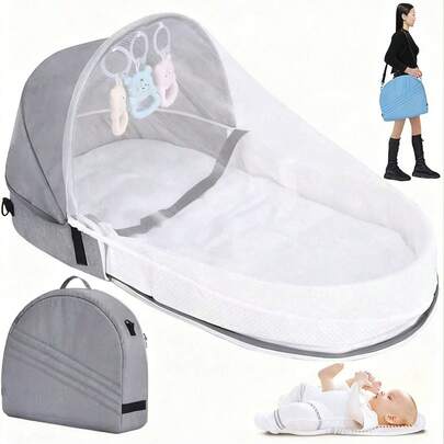 Bärbar hopfällbar resesäng för spjälsäng, multifunktionell mammaryggsäck med myggnät, mjuk andningsbar resesäng för spädbarn med madrass, present till nyfödd