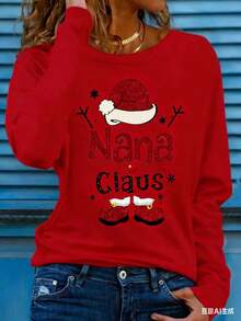 Women's Holiday Christmas T-Shirt, Long Sleeve Round Neck, 100% Polyester, Knitted Fabric, Regular Length, Patch Detail, Casual Style, Autumn Pattern Top 2025 - 紅色 - 查看 3
