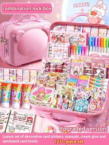 Girls DIY Craft Set, Includes Notebook, Sticker Making Kit, Fake Cream Glue And Decorative Accessories, Children's Toy Stationery Gift Box, And A Complete Cream Sticker Gift Box. This Fun DIY Sticker Craft Set Is Suitable For Children Of All Ages, Can Be Used As Birthday, Christmas Or Holiday Gifts.