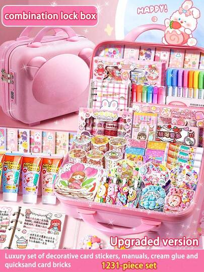Girls DIY Craft Set, Includes Notebook, Sticker Making Kit, Fake Cream Glue And Decorative Accessories, Children's Toy Stationery Gift Box, And A Complete Cream Sticker Gift Box. This Fun DIY Sticker Craft Set Is Suitable For Children Of All Ages, Can Be Used As Birthday, Christmas Or Holiday Gifts.