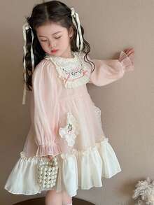 Random Embroidery Girls Dress New Style Elegant Children Young Girl Long Sleeve Princess Tulle Dress - Baby Pink - View 4