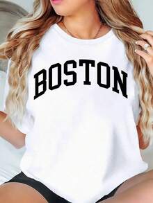Boston Graphic T Shirt Women Oversized Casual Top Streetwear Fashion Loose Fit Black Tee Shirt For Everyday Wear Summer Outfit,220g - 白色 - 查看 1