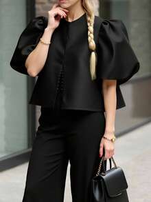 Women's Solid Color Short Sleeve Shirt, Minimalist And Fashionable, Suitable For Summer - Very Black - View 2