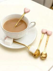 14cm 4pcs Set Premium Luxury 410 Stainless Steel Spoon Set, Ceramic Heart Handle | Gold Plated | Perfect For Afternoon Tea & Desserts | Ideal For Cafes & Weddings | Elegant Afternoon Tea & Travel Cutlery, Cafe Supplies, Refined Tableware Decor, Decorative Spoons, Durable Flatware - Multicolor - View 8