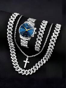 4PCS Silver Alloy Strap Men's Watch Set Business Fashion Classic Digital Scale Dial Quartz Watch Bracelet Necklace Set Suitable For Daily Clothing Matching Or Holiday Gifts - Multicolor - View 1