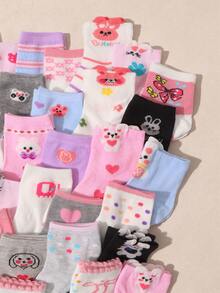 10双儿童夏季可爱动物图案袜子，包括萌熊、萌兔、爱心花、条纹等款式，舒适柔软透气，亲肤透气，适合日常休闲穿着。 - 彩色 - 查看 4