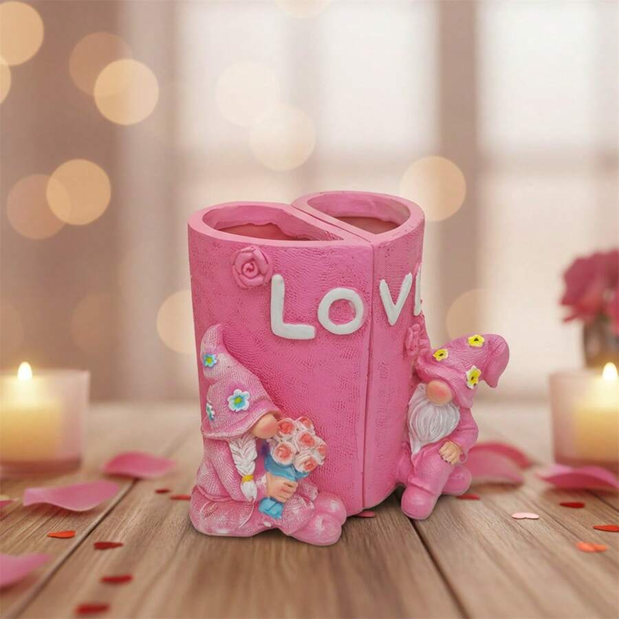 Portalápices de San Valentín para escritorio, figura de gnomo en forma de corazón, adorno para fiesta - Rosa - Ver 1