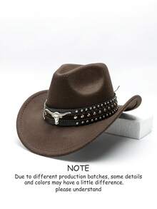1pc Unisex Retro Western Cowboy Hat With Horn Pattern, Suitable For Casual Wear, Western Cowboy Party - Three-row Rivet Cowboy Hat - View 13