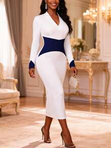 Women Elegant Color Block V Neck Long Sleeve Fitted Midi Dress Office Lady Wedding Guest Formal Occasions - 白色 - 查看 1
