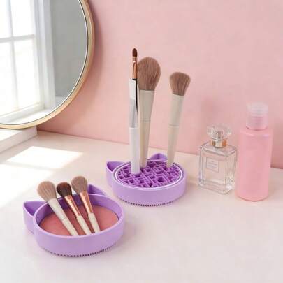 1pc Cute Cat Shaped Makeup Brush Cleaning, Drying & Storage Box, Portable Makeup Brush Holder Organizer, Multi-Functional Soft Bristles, Can Be Used As Nail Polish & Cosmetic Tool Display Stand