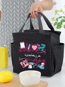 Customizable Nurse-Themed Large Capacity Tote Bag - Personalized Name/Text, - Heartbeat And Stethoscope Pattern Design, Insulated Bag, Dual Pocket Lunch Box, Large Capacity, Student Meal Thermal Cooler Bag, Portable Travel Picnic Bag, Work Lunch Box, Office Holiday Lunch Box, Unisex Multifunctional Camping School Lunch Box, Valentine's Day Gift, New Year Gift - Multicolor - View 2