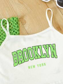 Conjunto de 3 piezas para niñas preadolescentes: Camiseta de tirantes con estampado de letras Brooklyn en verde neón + Parte superior con superposición de malla + Pantalones cortos, Conjunto de moda de verano para exteriores, Adecuado para exteriores, Regalo de verano - verde menta - Ver 6