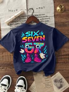 男童休闲印花圆领短袖T恤，夏季上衣 - 藏蓝色 - 查看 4