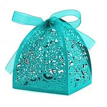 50 Pieces Beauty Laser Cut Favor Boxes DIY Wedding Birthday Gift Candy Boxes With Ribbons (Skyblue),Skyblue - 天藍 - 查看 1