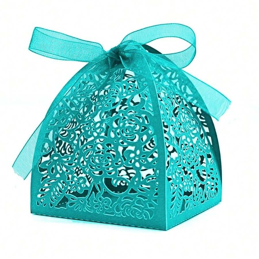 50 Pieces Beauty Laser Cut Favor Boxes DIY Wedding Birthday Gift Candy Boxes With Ribbons (Skyblue),Skyblue - 天藍 - 查看 1