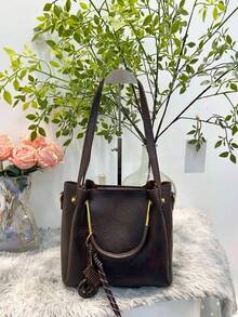 Women's Leather Handbag With Detachable Charm And Adjustable Shoulder Strap, Brown/Coffee/Black Retro Style Shoulder Bag - Café - Ver 1