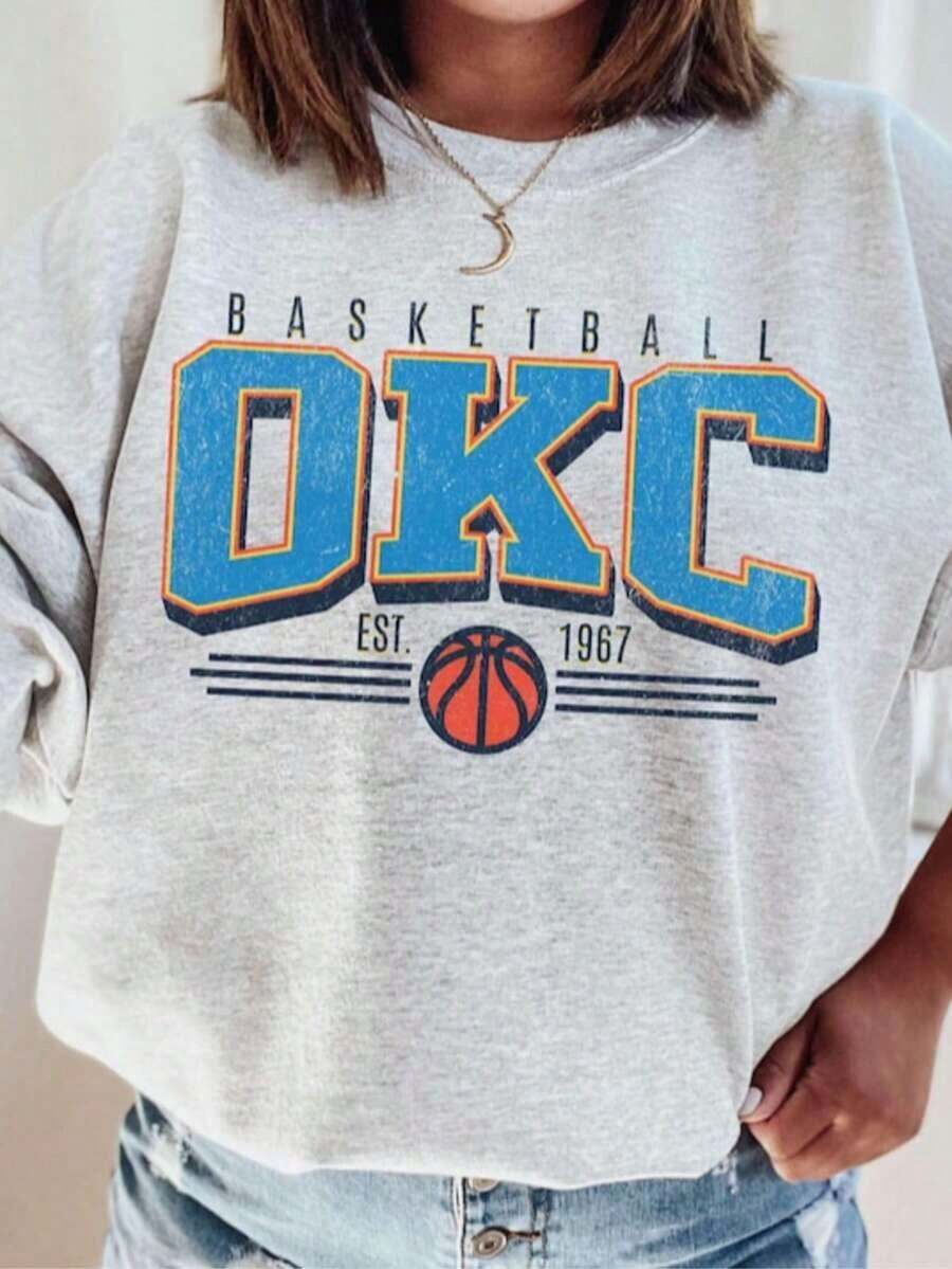 New Years Outfit WomenVintage OKC Basketball Sweatshirt, Oklahoma City Basketball Shirt, OKC Crewneck Sweatshirt, Unisex OLoose And Comfortablenew Years Outfit Women - 灰色 9 - 查看 1