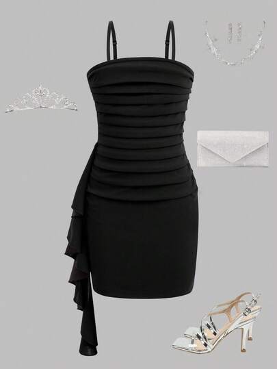 少女无肩带优雅抹胸连衣裙，适合派对穿着，采用纯色针织面料，带有不对称荷叶边细节（JH25111）