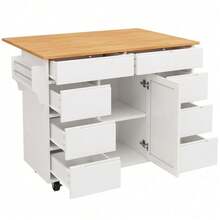 Meuble îlot de cuisine modulable blanc – Avec chariot roulant, plateau de travail et rangement pratique (tiroirs et étagère à épices) - Blanc + MDF-1 - Voir 11