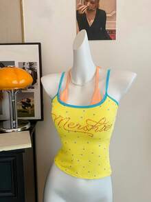 Sexy Rhinestone Letter Graphic Camisole Top, Slim Fit Sleeveless Layering Top For Women - Yellow - View 2