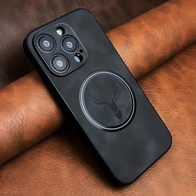 1pc Luxury Retro Faux Leather Phone Case With Magnetic Wireless Charging, Rounded Edges, Deer Head Pattern, Shock-Proof Protective Cover Compatible With Apple X/XR/XS/XS Max/11/11 Pro/11 Pro Max/12/12 Pro/12 Pro Max/13/13 Pro/13 Pro Max/14/14 Pro/14 Pro Max/14 Plus/15/15 Pro/15 Pro Max/15 Plus/16/16 Pro/16 Pro Max/16 Plus/16E/17/17 Pro/17 Pro Max/Air