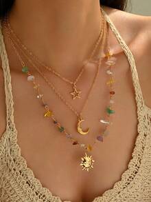 1 Set mit 3 Stücken modischer, vielseitiger Nische, frisches, süßes Design mit Sonne, Mond und Stern, bunter Kunststein Halsketten Set. Schicker Urlaubsstil, unregelmäßiger Stein Halskette mit Stern- und Mond-Anhängern, geeignet für Damen Alltag, Urlaub, Party, Feiertage (Steinfarbe und -form zufällig) - Gold - Übersicht 2