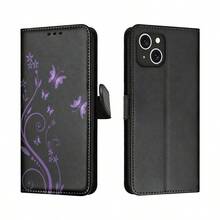 Purple Vines And Butterflies Patterned Magnetic Flip-Style Card Holder Phone Case Is Made Of Leather And Is Compatible With IPhone 17/17 Pro Max/17 Air/16/15/14/13/12/11. It's An Ideal Gift For Christmas, New Year's, Valentine's Day, And Easter, And Perfect For Boyfriends, Girlfriends, And Family. - 黑色 - 查看 2