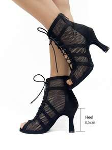 专业舞蹈踝靴，女士拉丁莎莎舞鞋，黑色绒面革鞋面软底，舞厅莎莎舞靴，女童软底练习爵士拉丁舞靴 - 黑色 - 查看 1