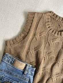 Women's Casual Solid Color Crew Neck Sleeveless Knit Tank Top, Spring/Autumn - Khaki - View 5
