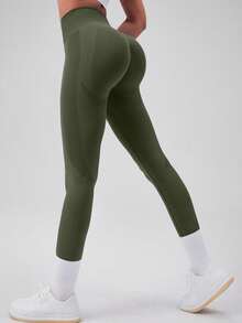 1pc Women's High Waist Skinny Leggings, THE GYM PEOPLE High Waist Padded Yoga Pants With Pockets, Tummy Control Shapewear, 4-Way Stretch, Suitable For Workout And Running - Green - View 4
