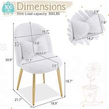 Fluffy Girls Vanity Chair With Back & Pillow,Cute Small Cozy Desk Chair No Wheels,Comfy Makeup Ch With Ajustable Gold Legs,For Bedroom,Living Room,Small Space,White - Vải nhung trắng - Xem 2
