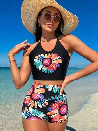 Conjunto de tankini con estampado de plantas y escote halter para vacaciones de verano de mujer