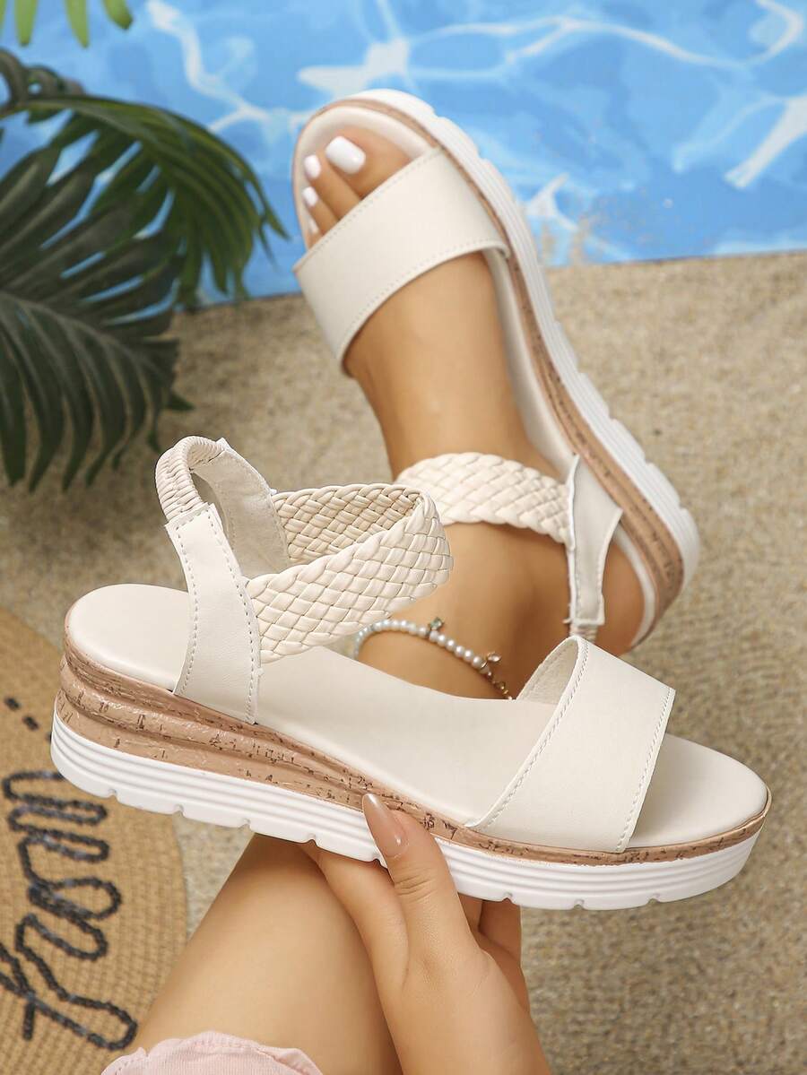 大码 36-43 夏季新款时尚休闲厚底坡跟凉鞋，简约日常穿着，优质米色 PU 皮套脚露趾女凉鞋 - 特級米色PU - 查看 1