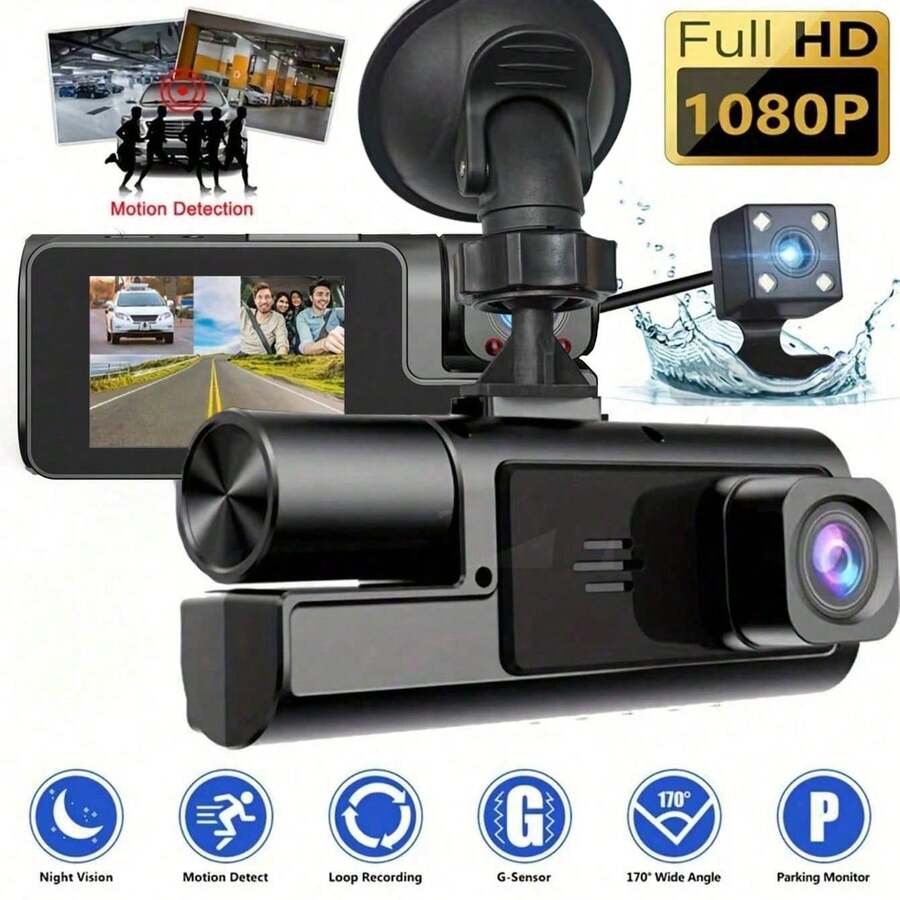 ZKCAMSPY Kamera Dasbor 3 Lensa 1080P Kamera Belakang 2 Inci Kotak Hitam Aksesori Mobil Perekam Dasbor dengan Pencitraan Mundur Parkir Lensa Ganda Perekam Video Penglihatan Malam - A22 - View 1