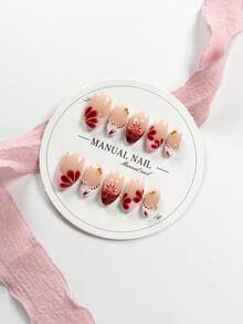JUTI 10片 100%手工手繪短杏仁形穿戴式美甲貼 | 裸粉色手繪紅花白邊金飾現代東方美學手繪裝飾可愛美甲 - 彩色 - 查看 2