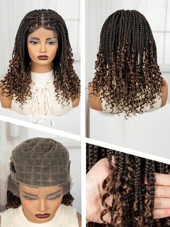 A ANYTIME Bohemian Style Square Woven Wig - Knotless Goddess Braided Wig With Curly Full Lace Square Synthetic Braid Wig Featuring, Suitable For Women, Natural Black Braided Lace Front Wig