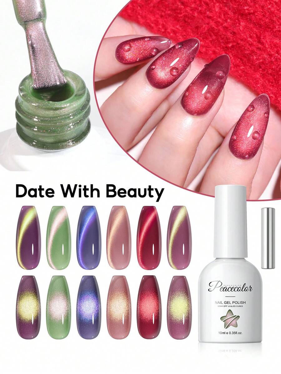 peacecolor Bộ 6 lọ sơn móng tay gel từ tính hình mắt mèo 10ml, các màu Tím, Hồng, Xanh lá cây, Xanh dương, Đỏ, có thể tẩy rửa, bền lâu, quà tặng tự làm móng chuyên nghiệp như ở salon. - Nhiều màu - Xem 1